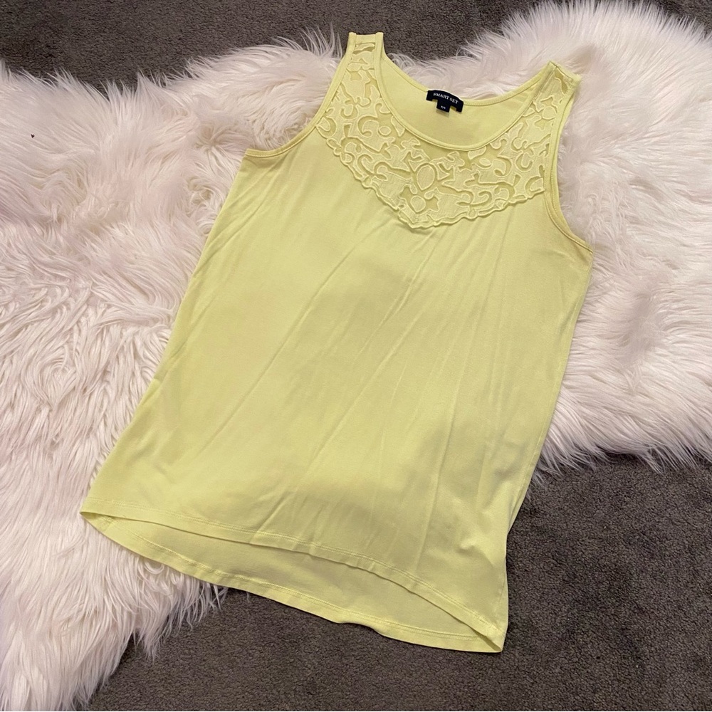 Smart Set Lemon Chartreuse Tank Top with Lace Accent